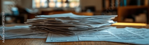 Tax forms and documents stacked on top of each other on a table photo