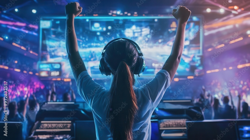 energetic esports arena with holographic game projections excited gamer girl celebrating victory neon lighting accents futuristic gaming setup cheering crowd in background energetic esports arena with holographic game projections excited gamer girl celebrating victory neon lighting accents futuristic gaming setup cheering crowd in background