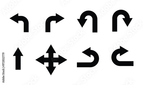 U turn arrow symbol icon set. Direction Icon Set. Go Straight This Way One Way Only U Turn Left and Right Black and White Arrow vector illustration.