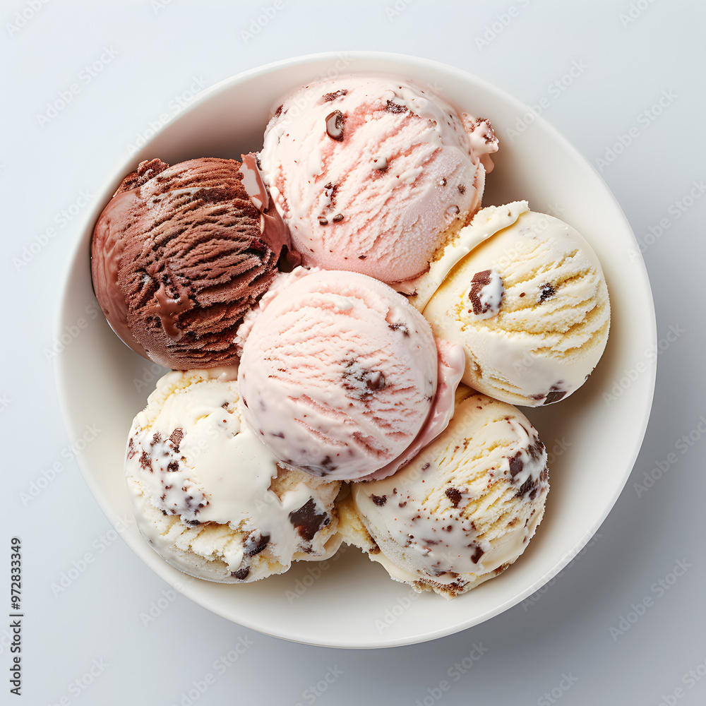 Top view ice creams scoops that various flavor in white bowl isolated on background. Top view ice creams scoops that various flavor in white bowl isolated on background.
