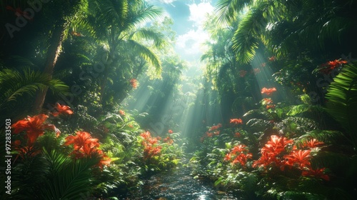 Lush jungle scene with vibrant flowers and sunlight filtering through.