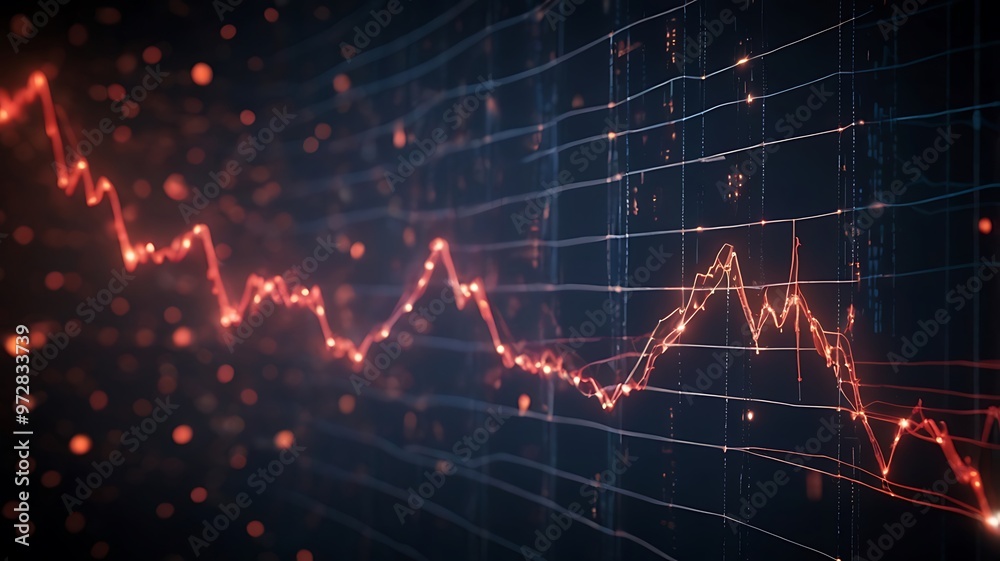 A digital stock market graph with red glowing dots and lines forming an analysis is displayed on a dark blue background A digital stock market graph with red glowing dots and lines forming an analysis is displayed on a dark blue background