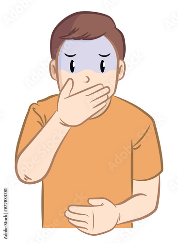 Nauseated Man Covering Mouth with Hand
