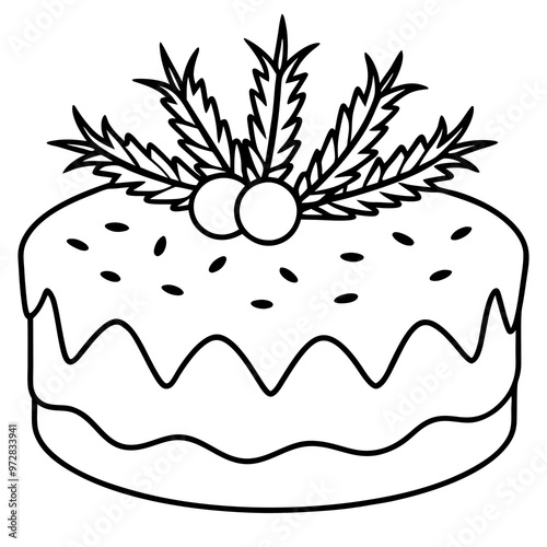 christmas cake with conifer twigs outline coloring book page line art drawing