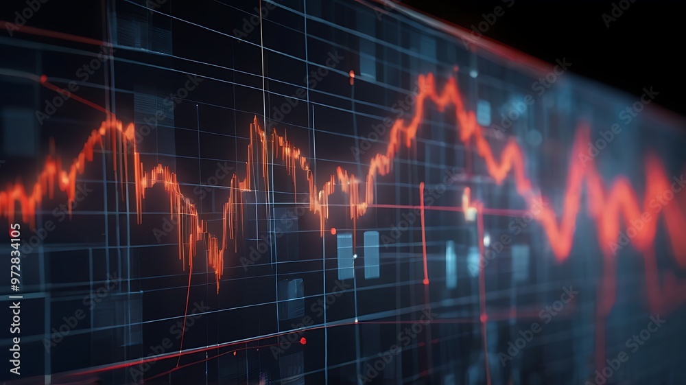 A digital stock market graph with red glowing dots and lines forming an analysis is displayed on a dark blue background A digital stock market graph with red glowing dots and lines forming an analysis is displayed on a dark blue background