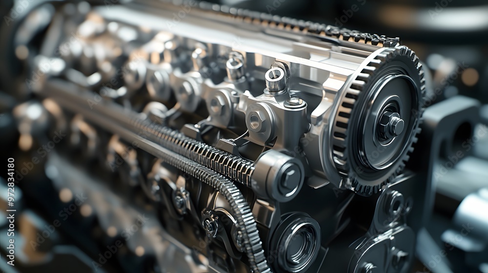 36. **Detailed 3D render of an automotive four-cylinder engine with visible camshaft and timing belt 36. **Detailed 3D render of an automotive four-cylinder engine with visible camshaft and timing belt