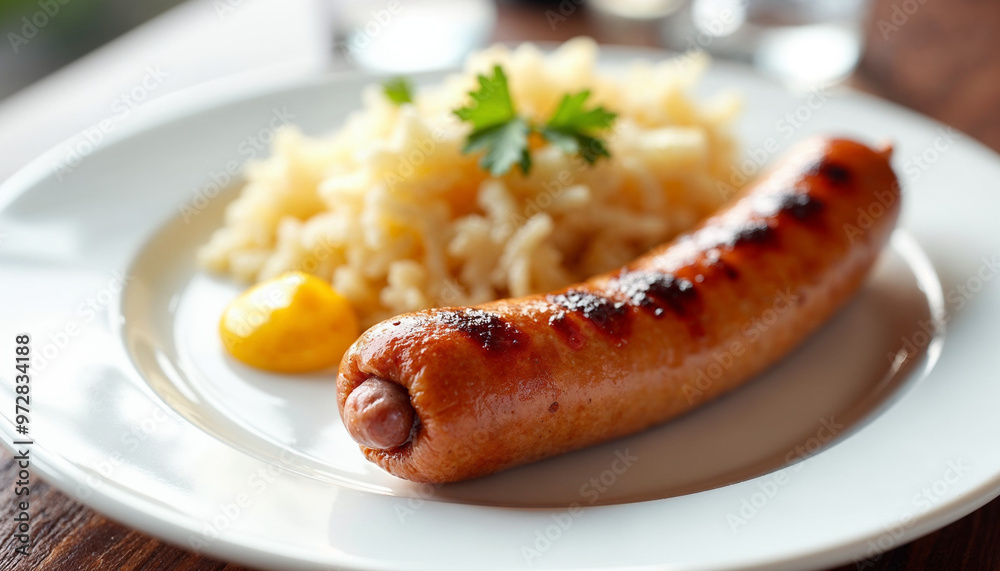 Delicious Bratwurst sausage on a white plate with mustard and sauerkraut, ideal for restaurant ads.
Delicious Bratwurst sausage on a white plate with mustard and sauerkraut, ideal for restaurant ads.