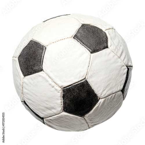 Classic black and white soccer ball on a white background, perfect for sports and recreation themed designs or articles. photo