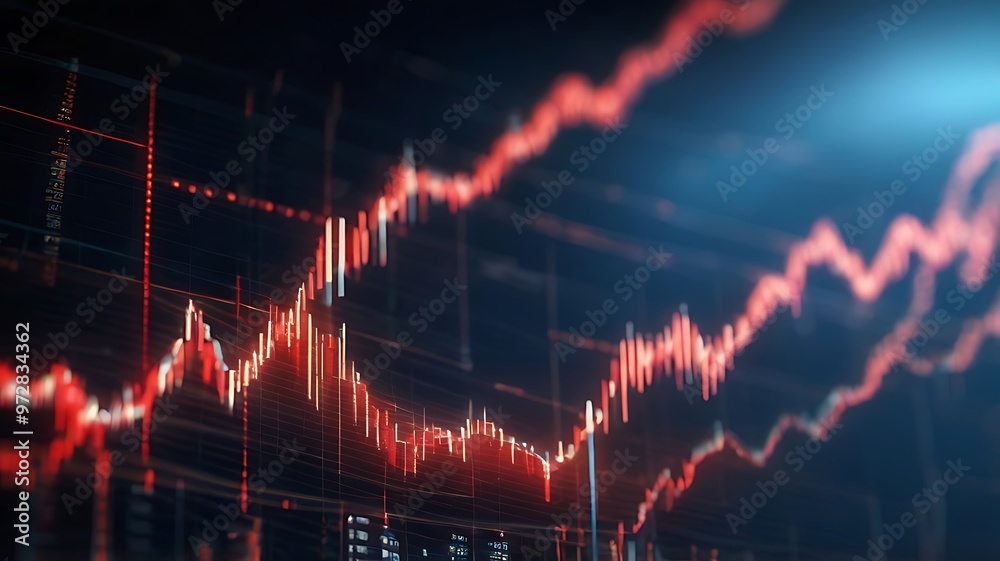 A digital stock market graph with red glowing dots and lines forming an analysis is displayed on a dark blue background A digital stock market graph with red glowing dots and lines forming an analysis is displayed on a dark blue background