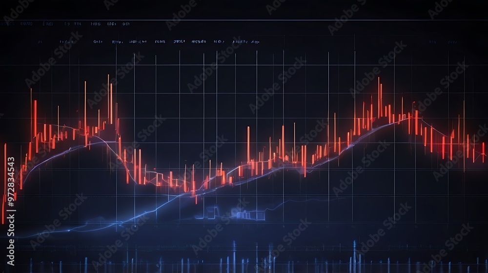 A digital stock market graph with red glowing dots and lines forming an analysis is displayed on a dark blue background