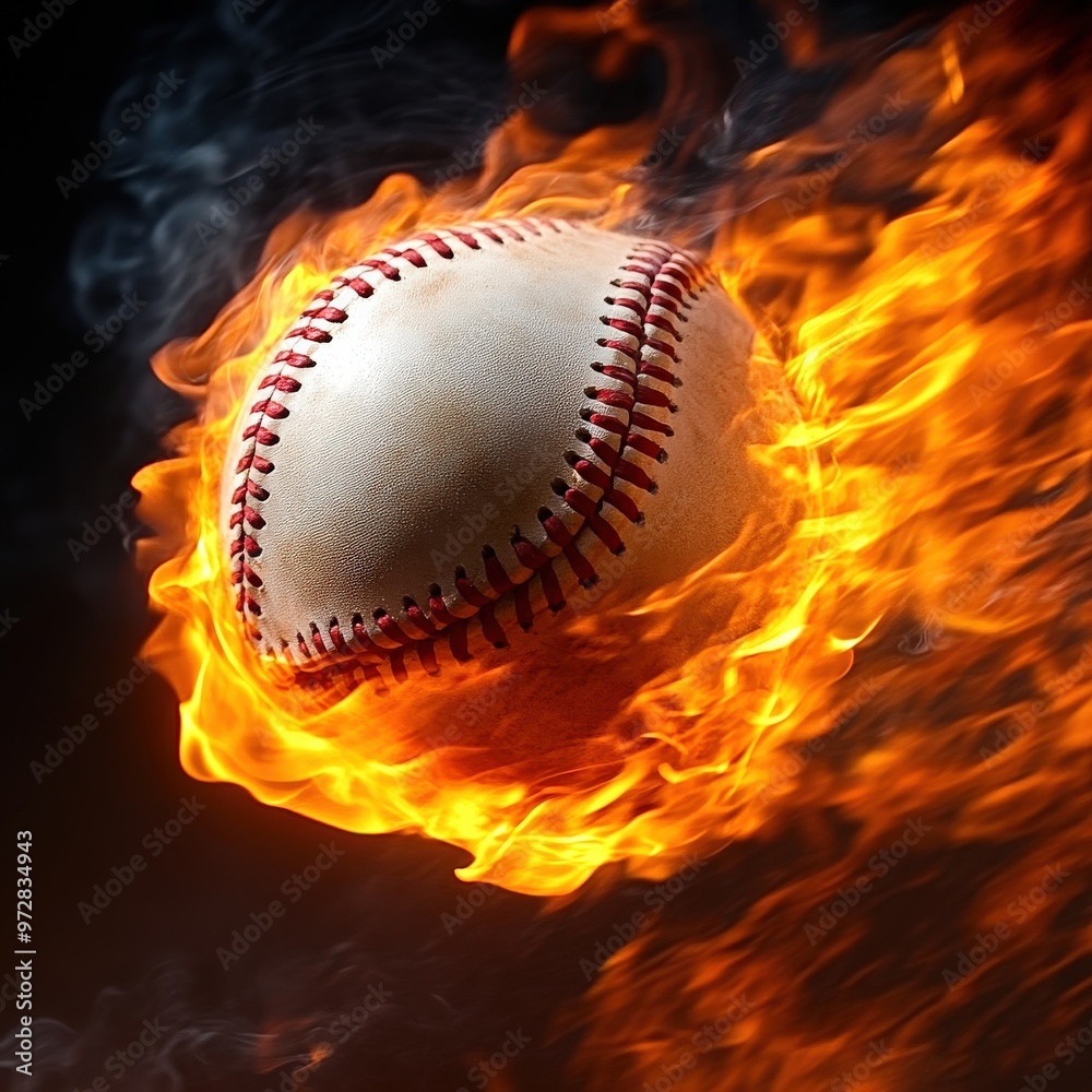 Baseball on fire flying with intense energy Baseball on fire flying with intense energy