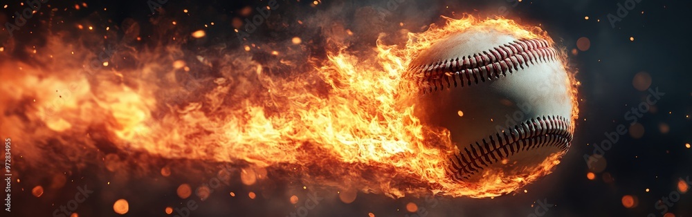 Baseball on fire flying with intense energy Baseball on fire flying with intense energy