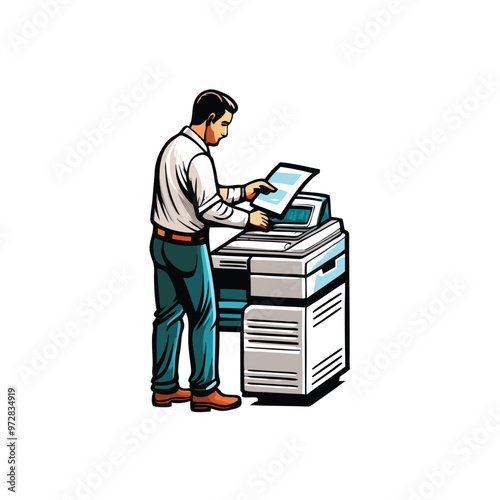 A cartoon illustration of a man making copies on a copier in an office.