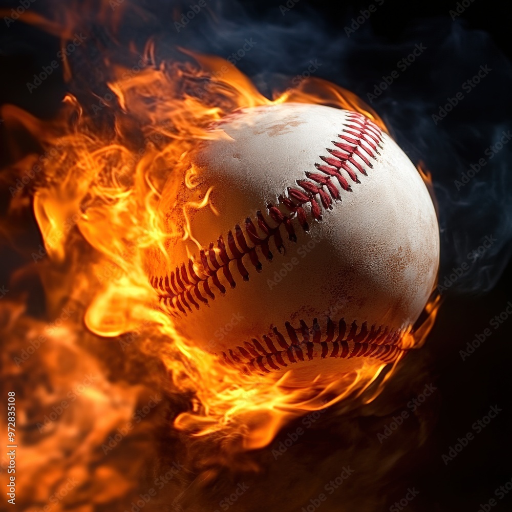 Baseball on fire flying with intense energy Baseball on fire flying with intense energy