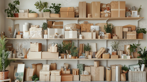 A cozy and organized room filled with shelves showcasing various boxes, plants, and decorative items, creating warm and inviting atmosphere