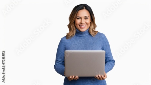 Confident Woman Smiling While Holding Laptop on White Background