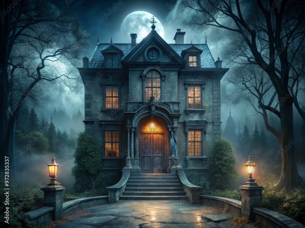 Fototapeta premium Dark and foreboding haunted mansion with creepy door and window mood/style, using dark shadows and mist technical, and with a spooky and ominous concept.