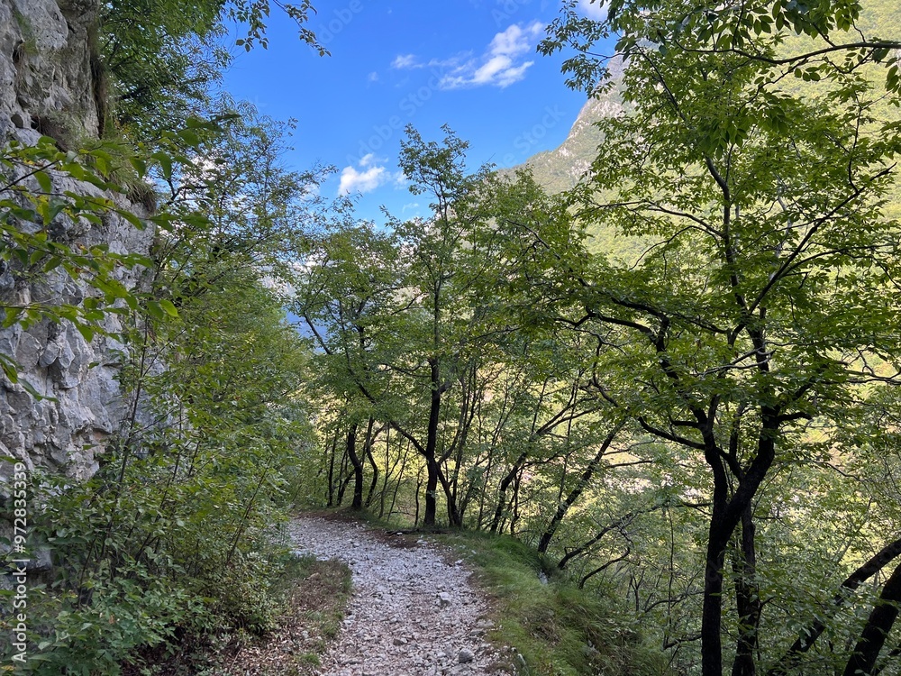 Fototapeta premium Hiking trails and markings in the canyon of the Koritnica river, Bovec (Triglav National Park, Slovenia) - Wanderwege und Markierungen in der Schlucht des Flusses Koritnica (Triglav-Nationalpark)