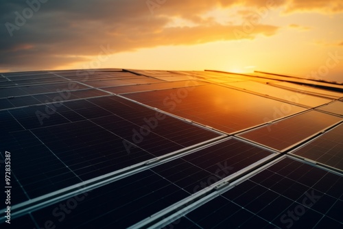 View of solar panels at dusk