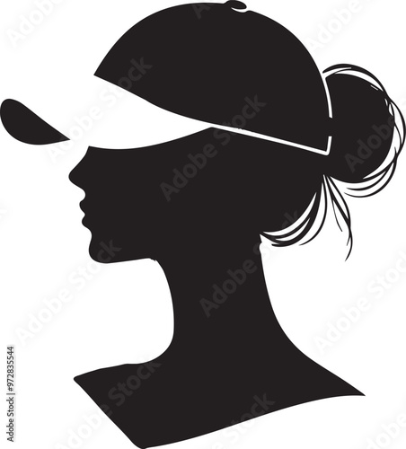 Silhouette of female with ponytail in a baseball cap. Black silhouette of woman in a white background.