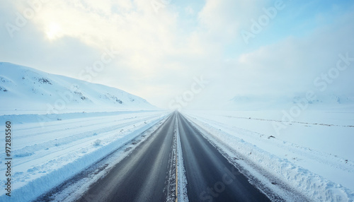 Plowed highway in a snow-covered landscape with sunlight and a serene winter horizon.