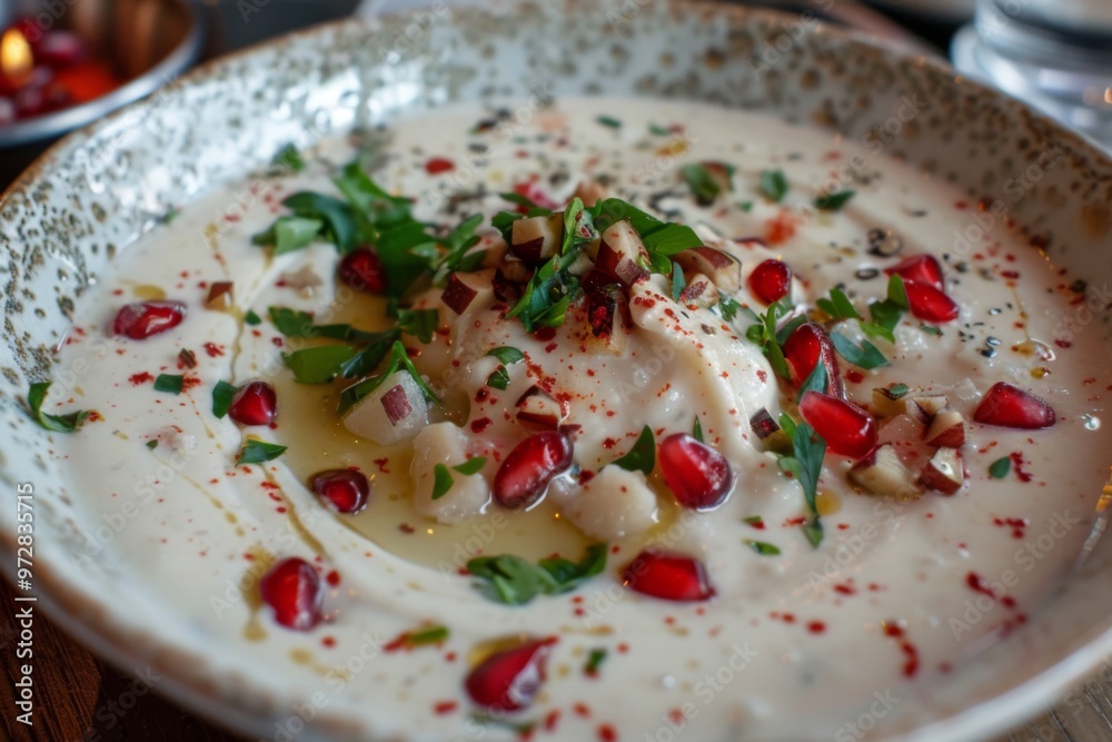 Chiles en Nogada: Chiles en nogada served with pomegranate seeds and walnut sauce Chiles en Nogada: Chiles en nogada served with pomegranate seeds and walnut sauce