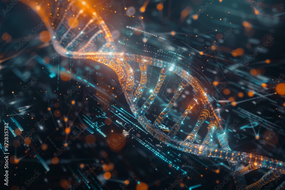 Close up shot of DNA double helix model rendered with a futuristic digital interface overlay Close up shot of DNA double helix model rendered with a futuristic digital interface overlay
