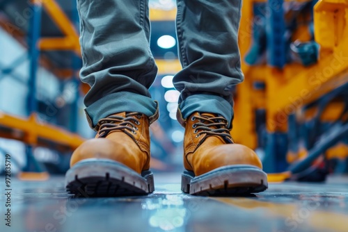 Close up of safety working shoe on worker feet standing in factory photo