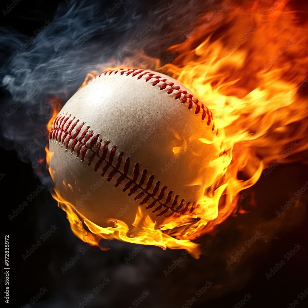 Baseball on fire flying with intense energy Baseball on fire flying with intense energy