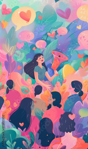 Group of women joyfully celebrating with megaphones, surrounded by colorful hearts, leaves, and flowers, symbolizing empowerment, unity, and positive vibes in a vibrant community setting