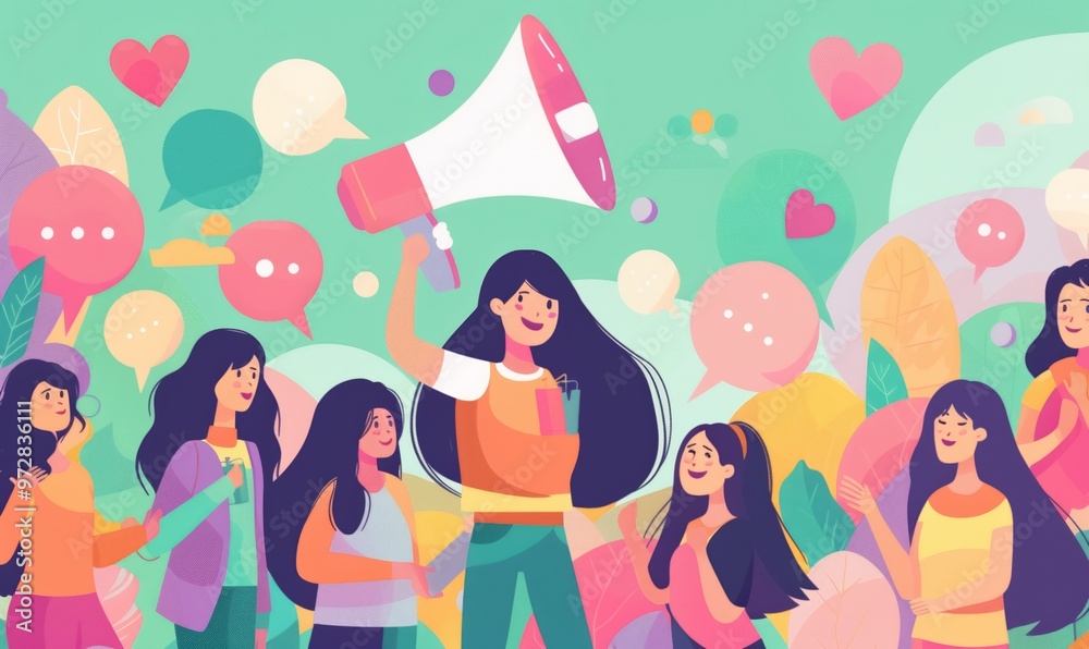 joyful girl holds megaphone while surrounded by vibrant icons and friends depicting communication and positivity in a creative illustration joyful girl holds megaphone while surrounded by vibrant icons and friends depicting communication and positivity in a creative illustration