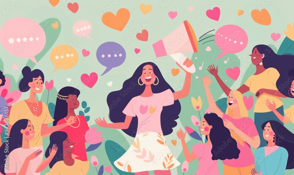joyful girl holds megaphone while surrounded by vibrant icons and friends depicting communication and positivity in a creative illustration joyful girl holds megaphone while surrounded by vibrant icons and friends depicting communication and positivity in a creative illustration