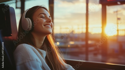 young woman wearing headphones is smiling while sitting on a train