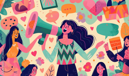 joyful girl holds megaphone while surrounded by vibrant icons and friends depicting communication and positivity in a creative illustration