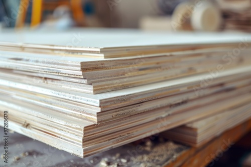 High angle shot shows a stack of white plywood boards neatly arranged on a workshop table with sawdust photo