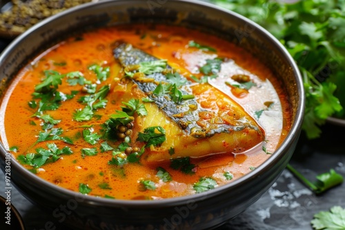 Hilsa Fish Curry: A bowl of hilsa fish curry garnished with mustard seeds and fresh coriander