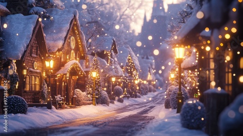 Idyllic Christmas village with snow-covered roofs and glowing street lamps along a quiet