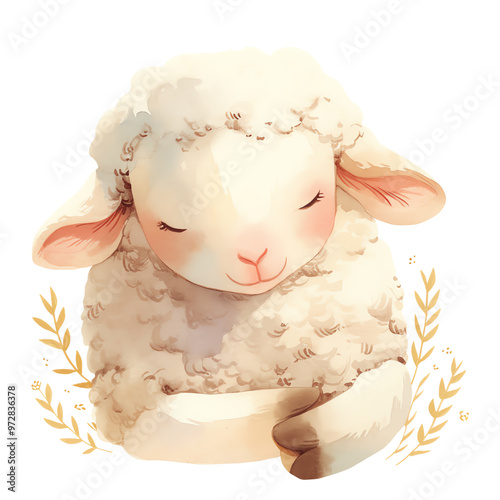 Adorable illustration of a fluffy lamb, peacefully resting with eyes closed, surrounded by a wreath of golden wheat. photo