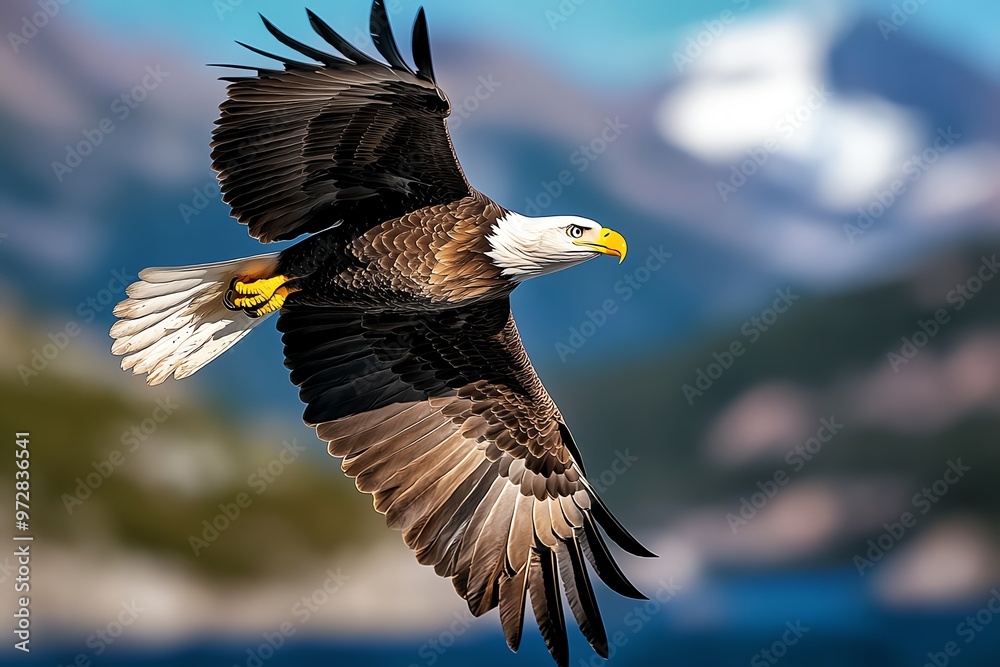 A bald eagle soaring high above the mountains, its keen eyes scanning the landscape for potential prey below A bald eagle soaring high above the mountains, its keen eyes scanning the landscape for potential prey below