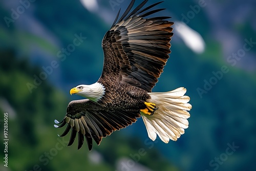 A bald eagle soaring high above the mountains, its keen eyes scanning the landscape for potential prey below photo