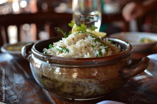 Panta Bhat: Fermented rice served with green chilies and onions photo