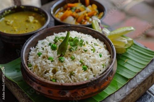 Panta Bhat: Fermented rice served with green chilies and onions photo