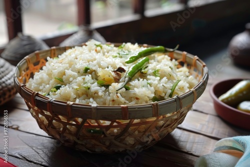 Panta Bhat: Fermented rice served with green chilies and onions photo