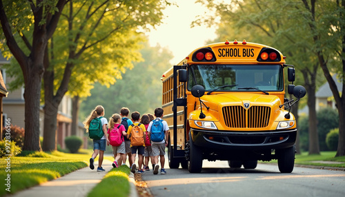 Young elementary students boarding a yellow school bus on a tree-lined suburban road.






