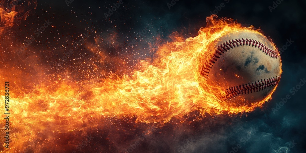 Baseball on fire flying with intense energy Baseball on fire flying with intense energy