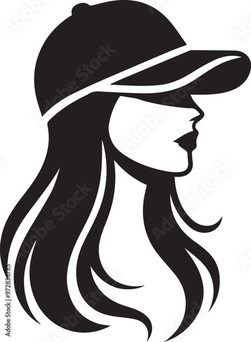 Silhouette of female with ponytail in a baseball cap. Black silhouette of woman in a white background.