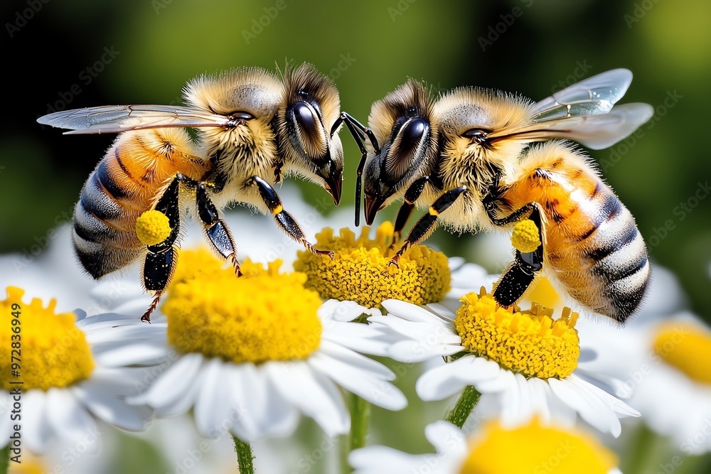 A bees’ paradise, with bees buzzing happily around a patch of blooming chamomile flowers in a sunlit garden A bees’ paradise, with bees buzzing happily around a patch of blooming chamomile flowers in a sunlit garden