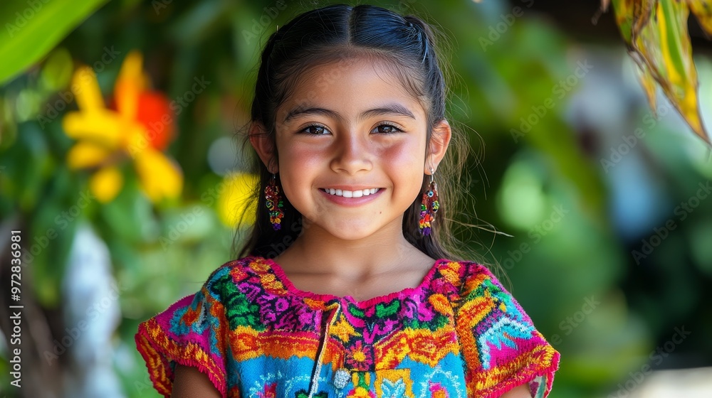 Authentic Beauty: Candid Smiling Young Mexican Girl in Traditional Huipil Authentic Beauty: Candid Smiling Young Mexican Girl in Traditional Huipil