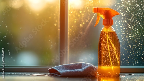 A spray bottle of detergent and napkin cleaning a window in a sunlit room, photo-realistic with a soft bokeh background, emphasizing cleanliness and clarity, warm tones, minimalism photo