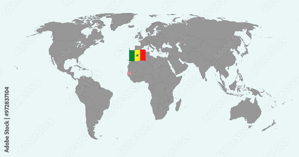 Naklejka premium Pin map with Senegal flag on world map. Vector illustration.